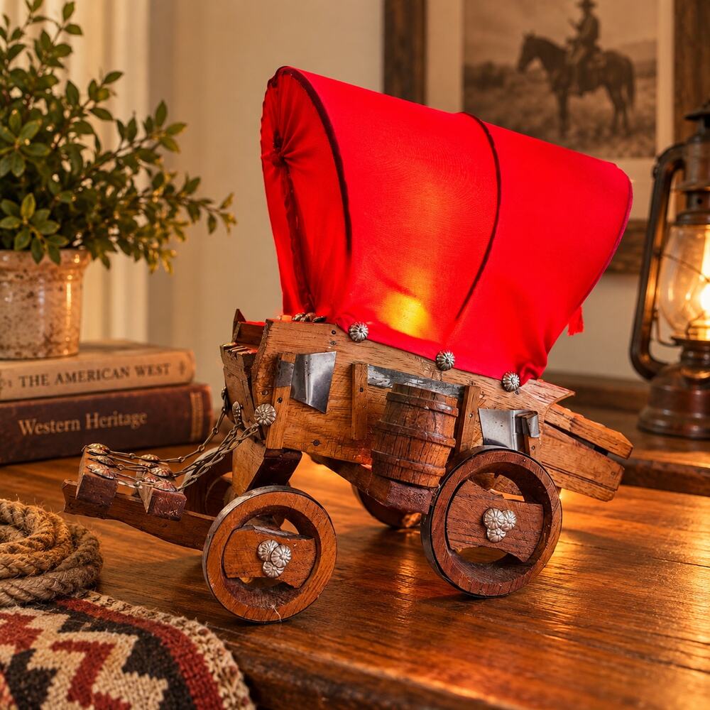 Wooden Covered Wagon Lamp Western Americana Folk Art Light